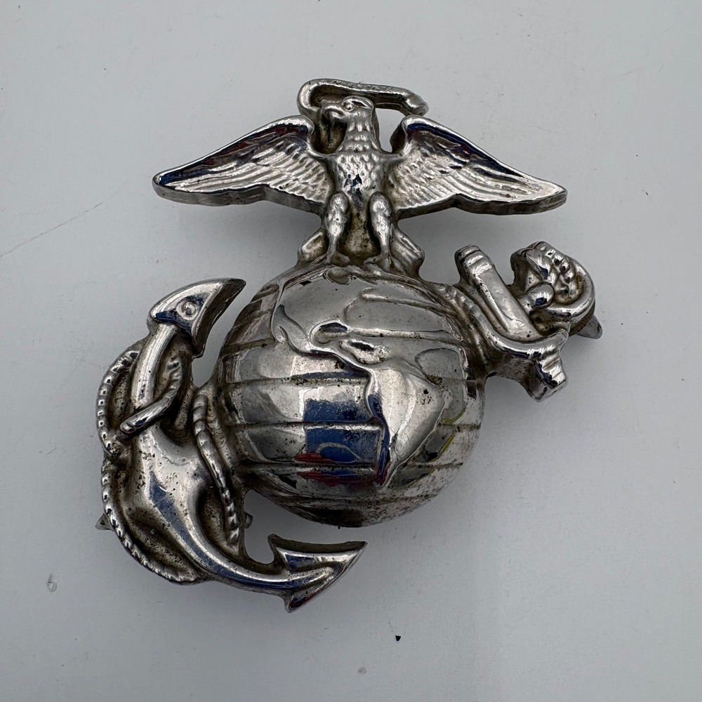 USMC Eagle Globe and Anchor EGA Silver Tone Metal‎ Emblem 3.5 Inch Mountable